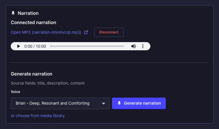 Strapi 5 Content Manager: Narration custom field on an entry with voice selector, Generate narration, and audio playback after MP3 is linked